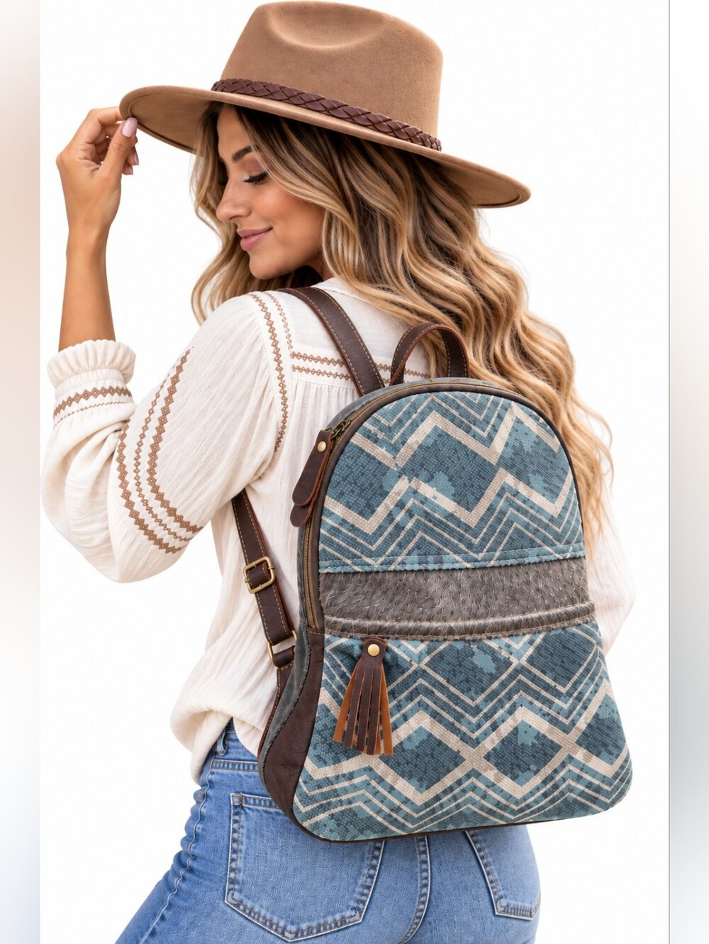 Myra Bag Backpack Blue Geometric Canvas Cowhide Leather Boho Western Medium